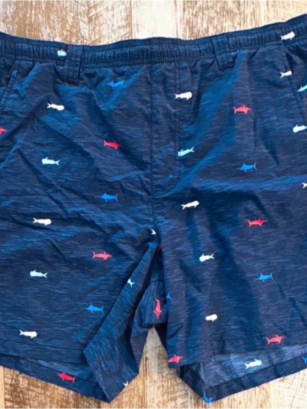 Men's Navy Shark-Print Swim Trunks with Multicolor Sharks
